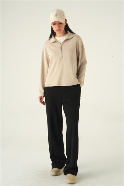 Bej Yarım Fermuarlı Sweat 8249A
