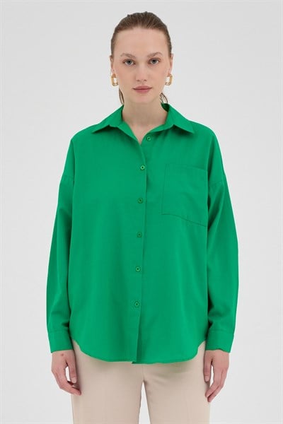 Benetton Yeşili Tek Cepli Oversize Gömlek 8158A
