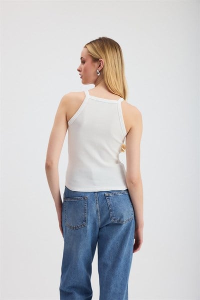 Beyaz -1121 Sıfır Kol Fitilli Halter Yaka Basic Atlet