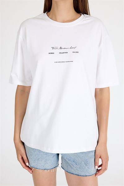 Beyaz Bisiklet Yaka Yazı Baskılı Oversize Tişört 5832
