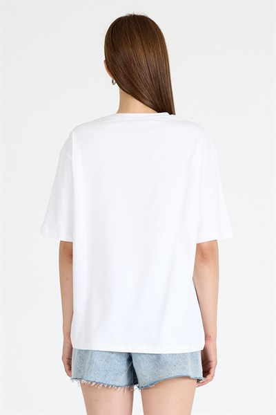 Beyaz Bisiklet Yaka Yazı Baskılı Oversize Tişört 5832