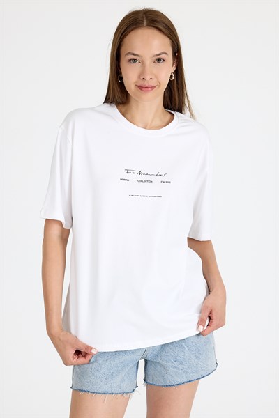 Beyaz Bisiklet Yaka Yazı Baskılı Oversize Tişört 5832
