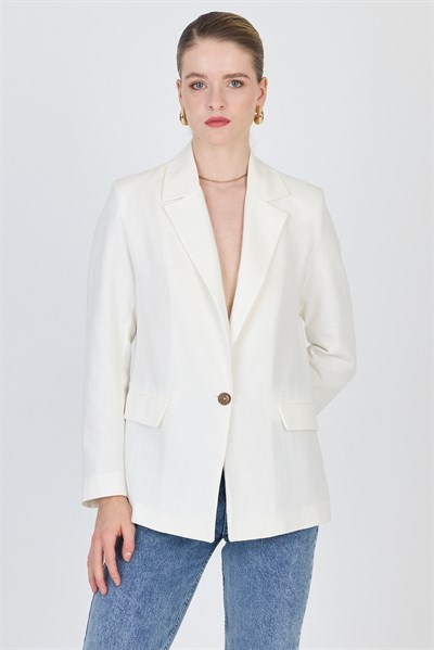 Beyaz Keten Görünümlü %100 Pamuk Astarlı Blazer Ceket 6023-3