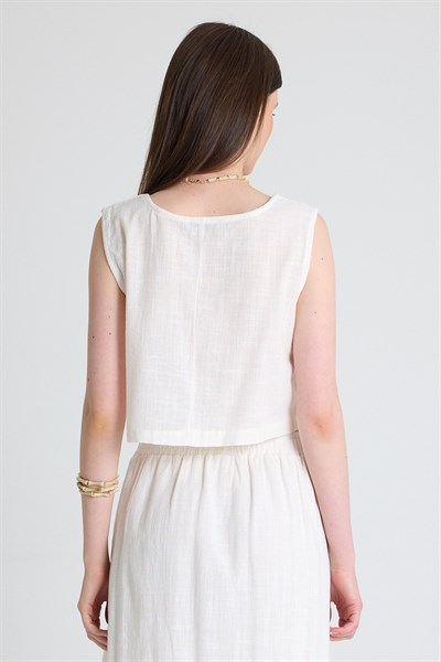 Beyaz Keten Görünümlü %100 Pamuk Kolsuz Crop Bluz 3419-1