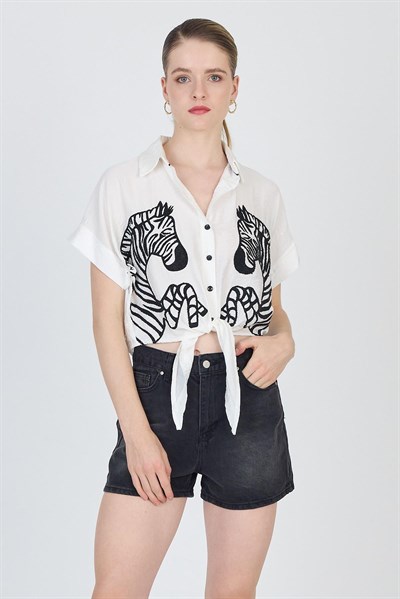 Beyaz Nakışlı Zebra Desenli Bağlamalı Crop Gömlek 2257