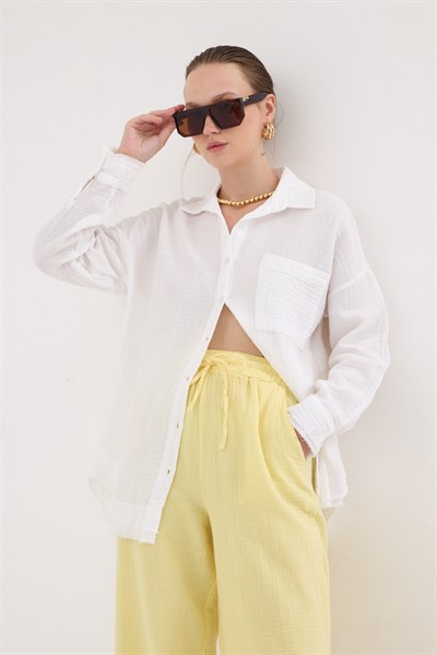 Beyaz Oversize %100 Pamuk Müslin Gömlek 4786A