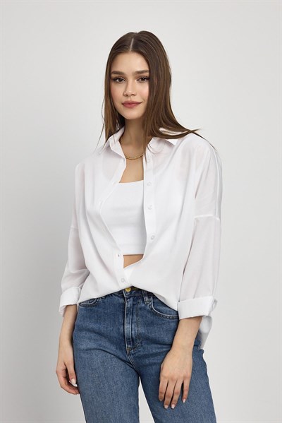 Beyaz Relaxed Fit Rahat Kesim Basic Gömlek - 6621A
