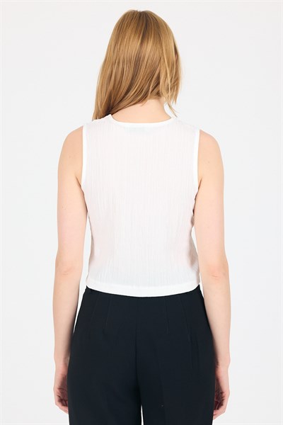 Beyaz  V Yaka Kolsuz Crop Bluz 8027