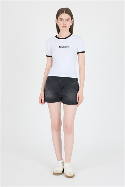 Beyaz Yazı Baskılı Biyeli Pamuklu Slim Fit Tişört 9192M