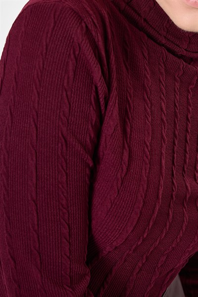 Bordo Ajurlu Örgü Desenli Dik Yaka Kadın Bluz 2289