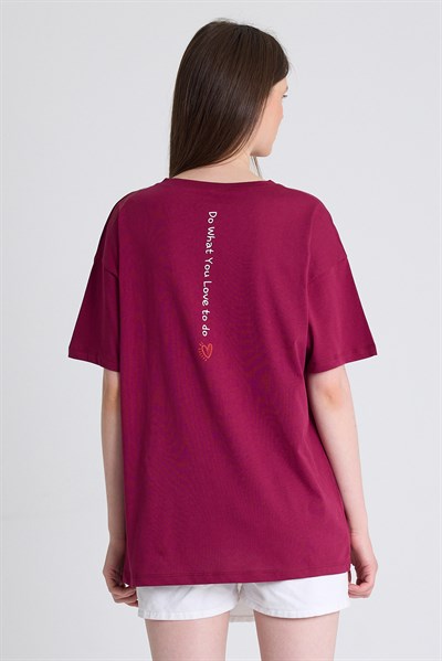 Bordo Arka Yazı Baskılı Kalpli %100 Pamuk Oversize Tişört 2150-33M