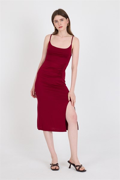 Bordo Askılı Yırtmaçlı Drape Detaylı Dokuma Elbise 21003