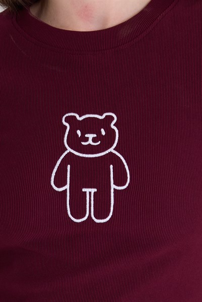 Bordo Ayıcık İşlemeli Slim Fit Crop Tişört 2217
