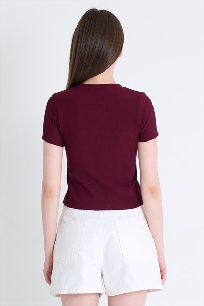 Bordo Ayıcık İşlemeli Slim Fit Crop Tişört 2217