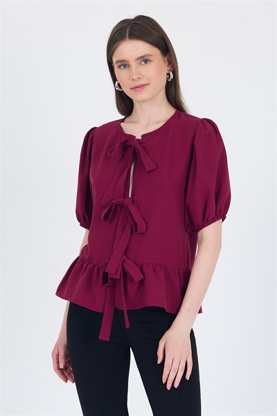 Bordo Bağlama Detaylı Balon Kollu Bluz 4334A