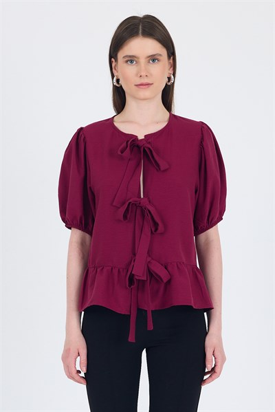 Bordo Bağlama Detaylı Balon Kollu Bluz 4334A