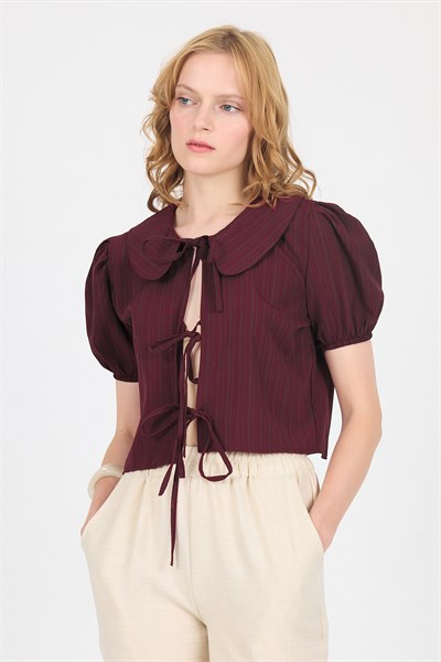 Bordo Bağlama Detaylı Bebe Yaka Crop Bluz 8064