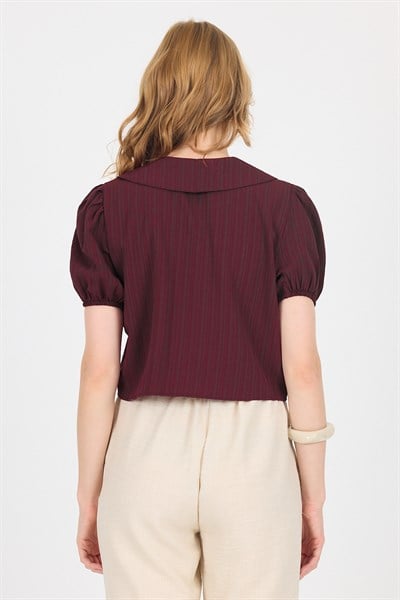 Bordo Bağlama Detaylı Bebe Yaka Crop Bluz 8064