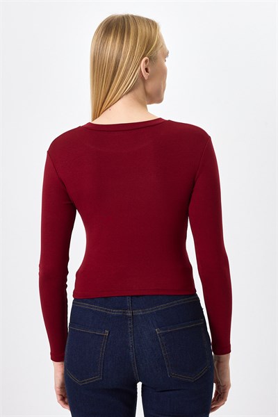 Bordo Bisiklet Yaka Kurdele Aplike Detaylı Kadın Crop Body 8264A