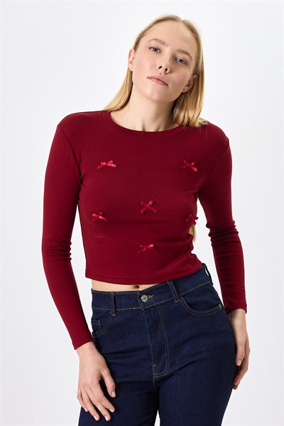 Bordo Bisiklet Yaka Kurdele Aplike Detaylı Kadın Crop Body 8264A