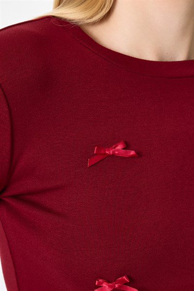Bordo Bisiklet Yaka Kurdele Aplike Detaylı Kadın Crop Body 8264A