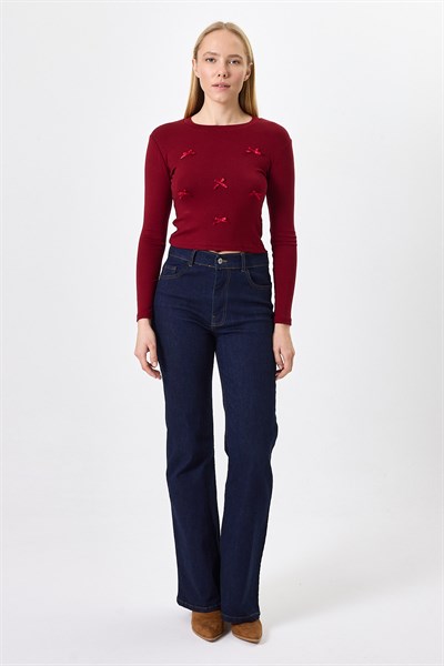 Bordo Bisiklet Yaka Kurdele Aplike Detaylı Kadın Crop Body 8264A