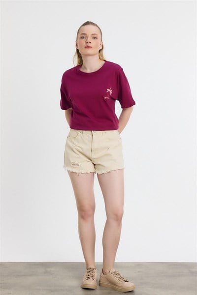 Bordo Bisiklet Yaka Nakışlı Tişört 2150-16M