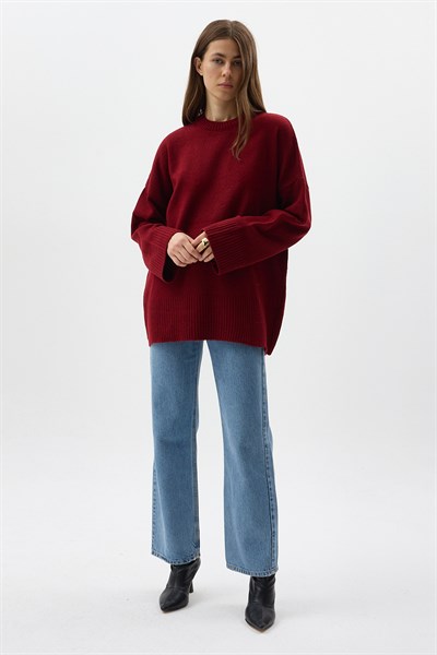 Bordo Bisiklet Yaka Oversize Kadın Kazak 2450