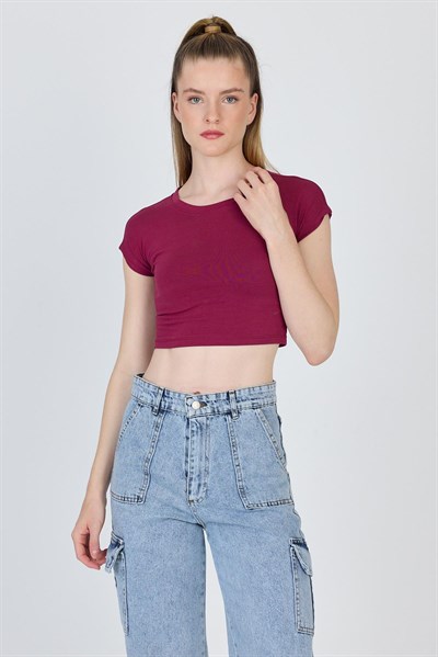 Bordo Bisiklet Yaka Pamuklu Slim Fit Crop Tişört 9199M