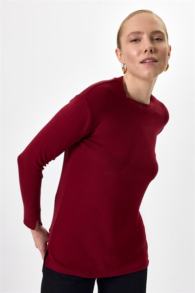 Bordo Bisiklet Yaka Yan Yırtmaçlı Tunik 8229A
