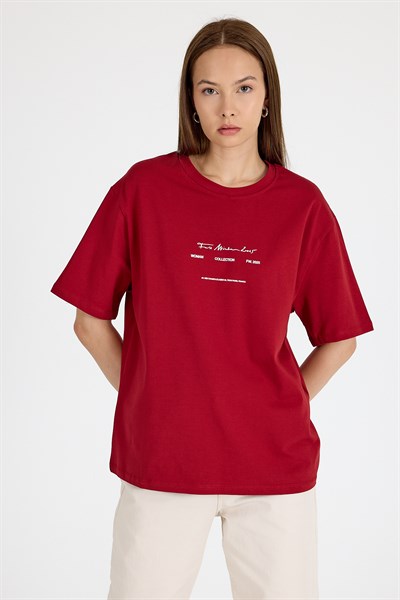 Bordo Bisiklet Yaka Yazı Baskılı Oversize Tişört 5832