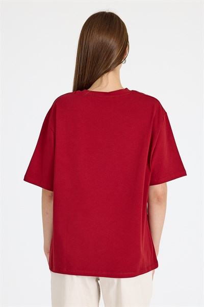 Bordo Bisiklet Yaka Yazı Baskılı Oversize Tişört 5832