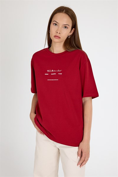 Bordo Bisiklet Yaka Yazı Baskılı Oversize Tişört 5832