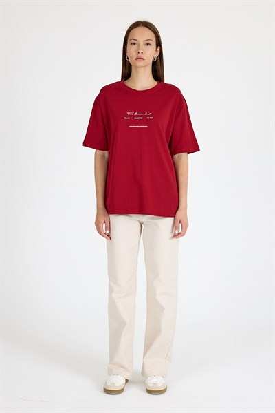 Bordo Bisiklet Yaka Yazı Baskılı Oversize Tişört 5832
