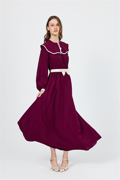 Bordo Biye Detaylı Bebe Yaka Elbise 4413A