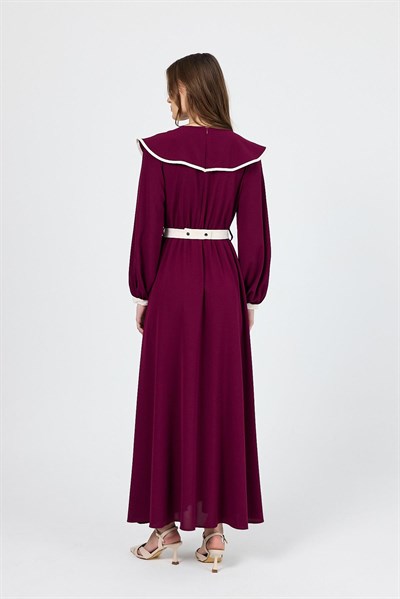 Bordo Biye Detaylı Bebe Yaka Elbise 4413A