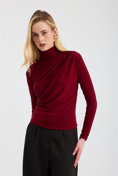 Bordo Büzgü Detay Sandy Bluz 20059