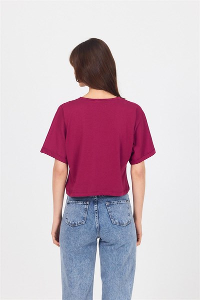 Bordo Cep Detaylı Bisiklet Yaka Crop Tişört 2136M