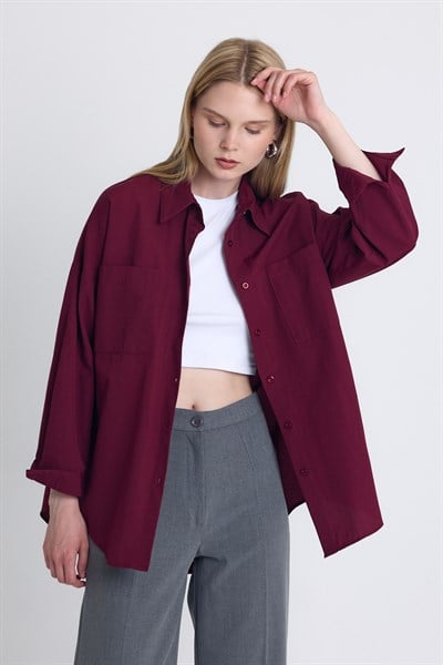 Bordo Çift Cepli Oversize Uzun Basic Gömlek TCR 6256A