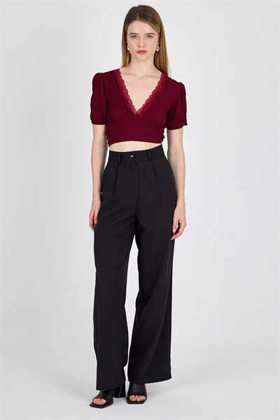 Bordo Dantel Detaylı Bürümcük Kumaş Crop Bluz 2231