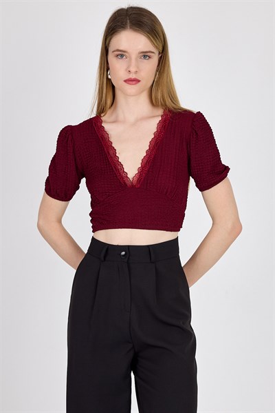 Bordo Dantel Detaylı Bürümcük Kumaş Crop Bluz 2231