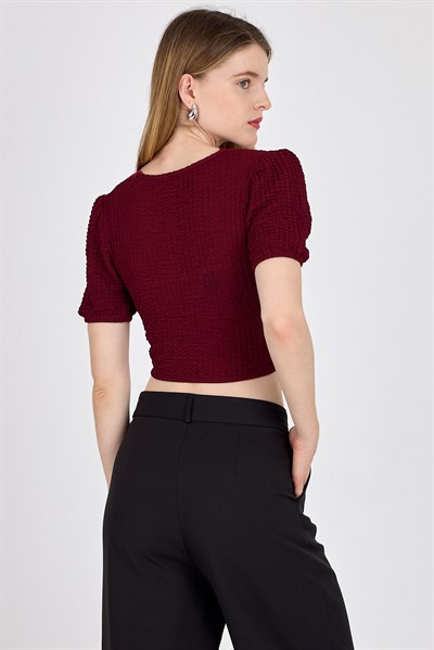 Bordo Dantel Detaylı Bürümcük Kumaş Crop Bluz 2231