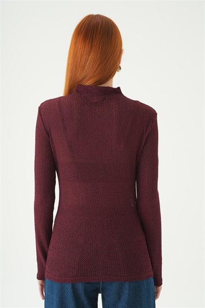 Bordo Dik Yaka Uzun Kol Bluz 251131