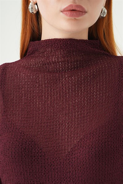Bordo Dik Yaka Uzun Kol Bluz 251131