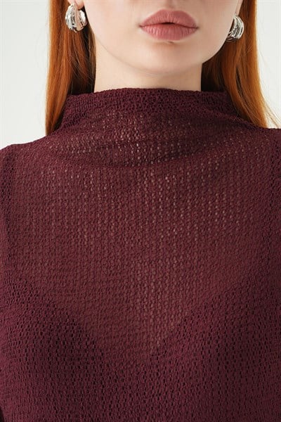 Bordo Dik Yaka Uzun Kol Bluz 251131