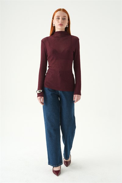 Bordo Dik Yaka Uzun Kol Bluz 251131