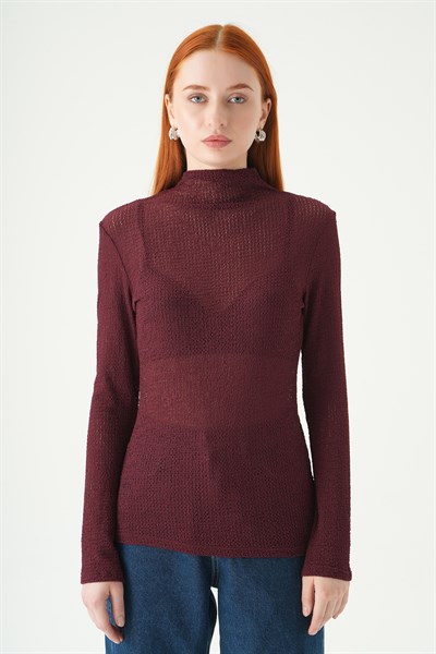 Bordo Dik Yaka Uzun Kol Bluz 251131