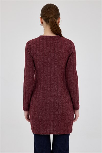 Bordo Düğme Detaylı Çizgili Triko Tunik 8132A