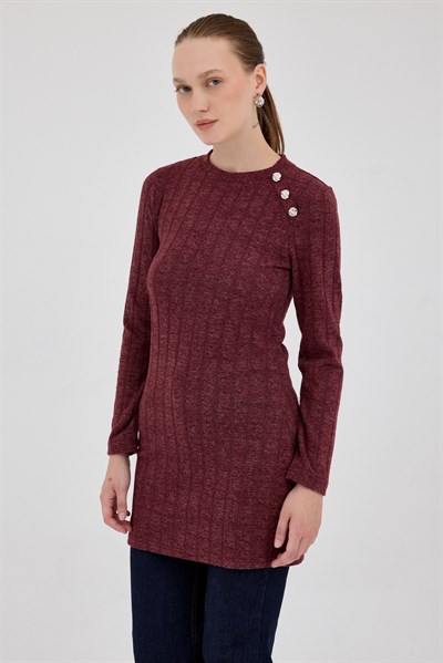 Bordo Düğme Detaylı Çizgili Triko Tunik 8132A