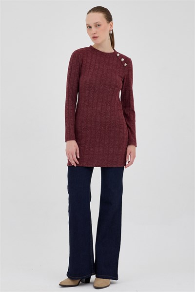 Bordo Düğme Detaylı Çizgili Triko Tunik 8132A